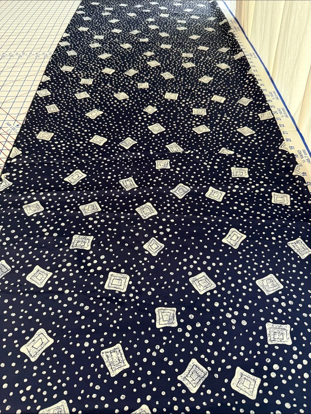 Vintage 1970s 80s Dark Navy Cream Abstract Dot Geometric Fabric 2.5 Yards x 44”